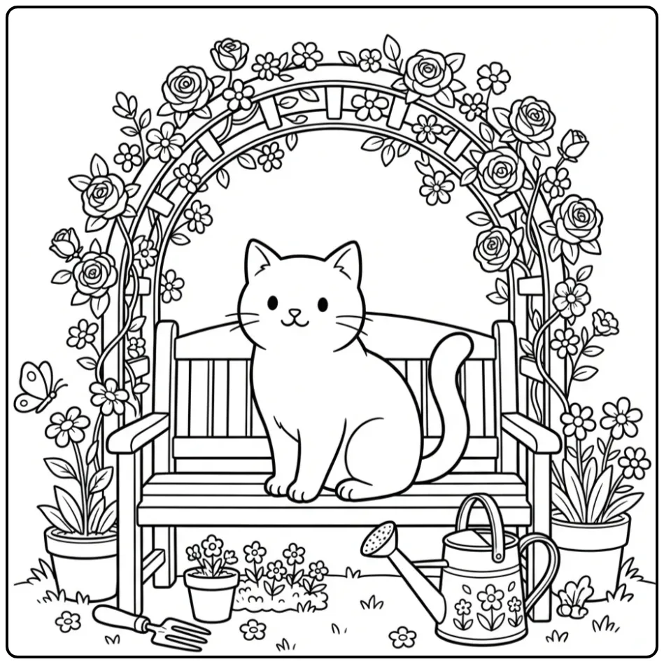 Cat Butterfly and Watering Can in the Garden coloring page
