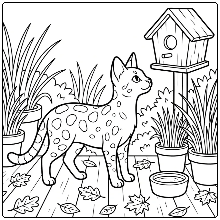 Cat with a Birdhouse and Plants in the Garden coloring page