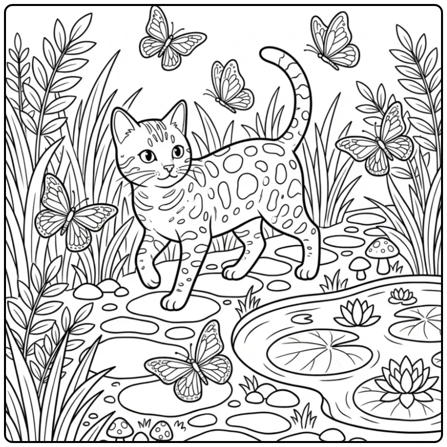 Bengal Cat by a Pond with Lilies coloring page