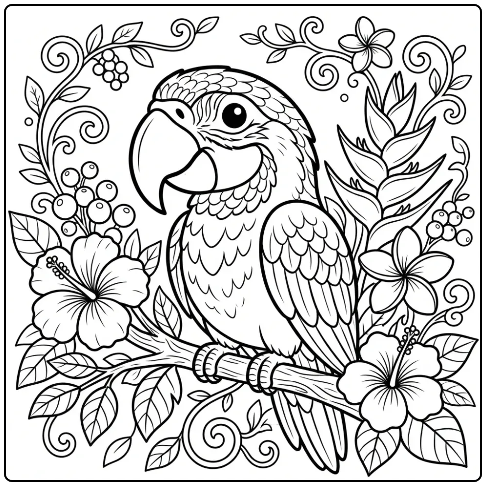 Portrait Macaw Among Tropical Flowers coloring page