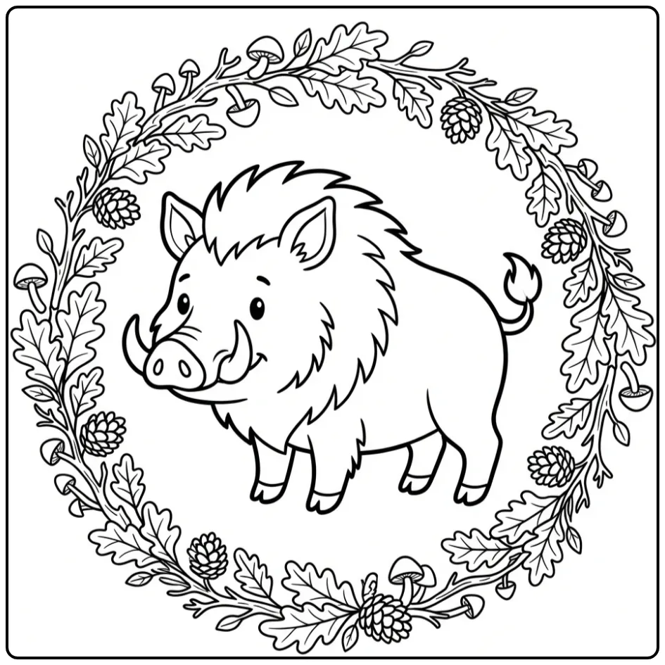 Wild Boar Portrait with Oak Leaves coloring page