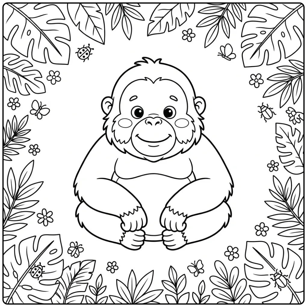 Orangutan Portrait with Insects and Nature coloring page
