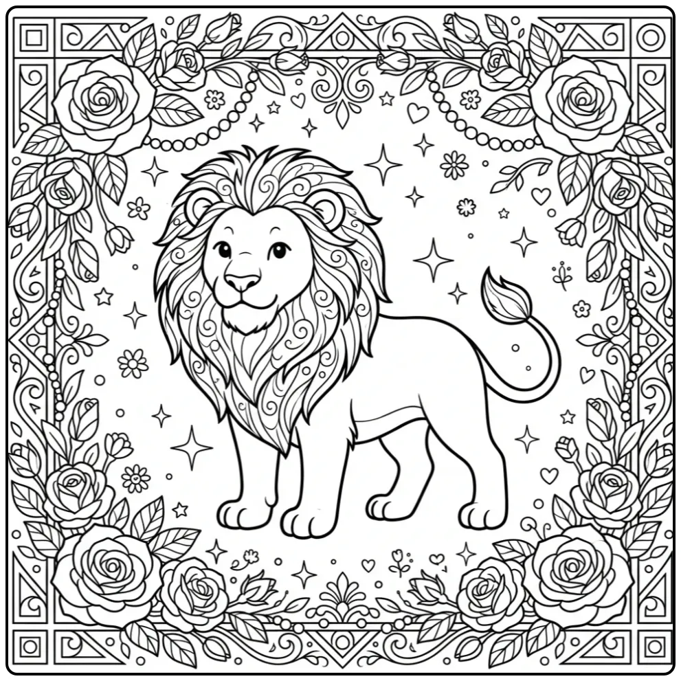 Detailed adult lion coloring page with roses