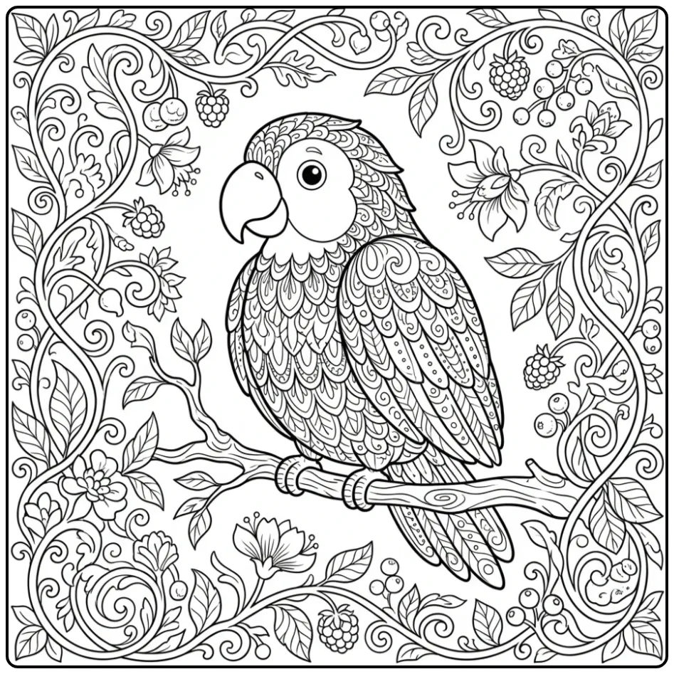 Beautiful Detailed Parrot with Jungle Details coloring page