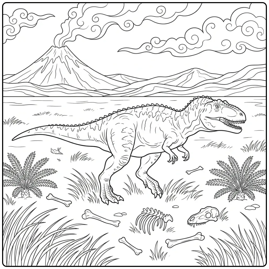 Giganotosaurus coloring page with a volcano and prehistoric nature
