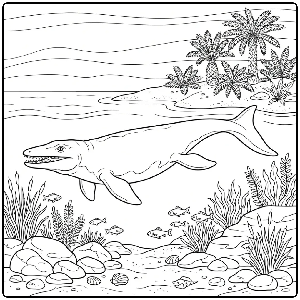 Swimming Mosasaurus coloring page in a prehistoric lagoon