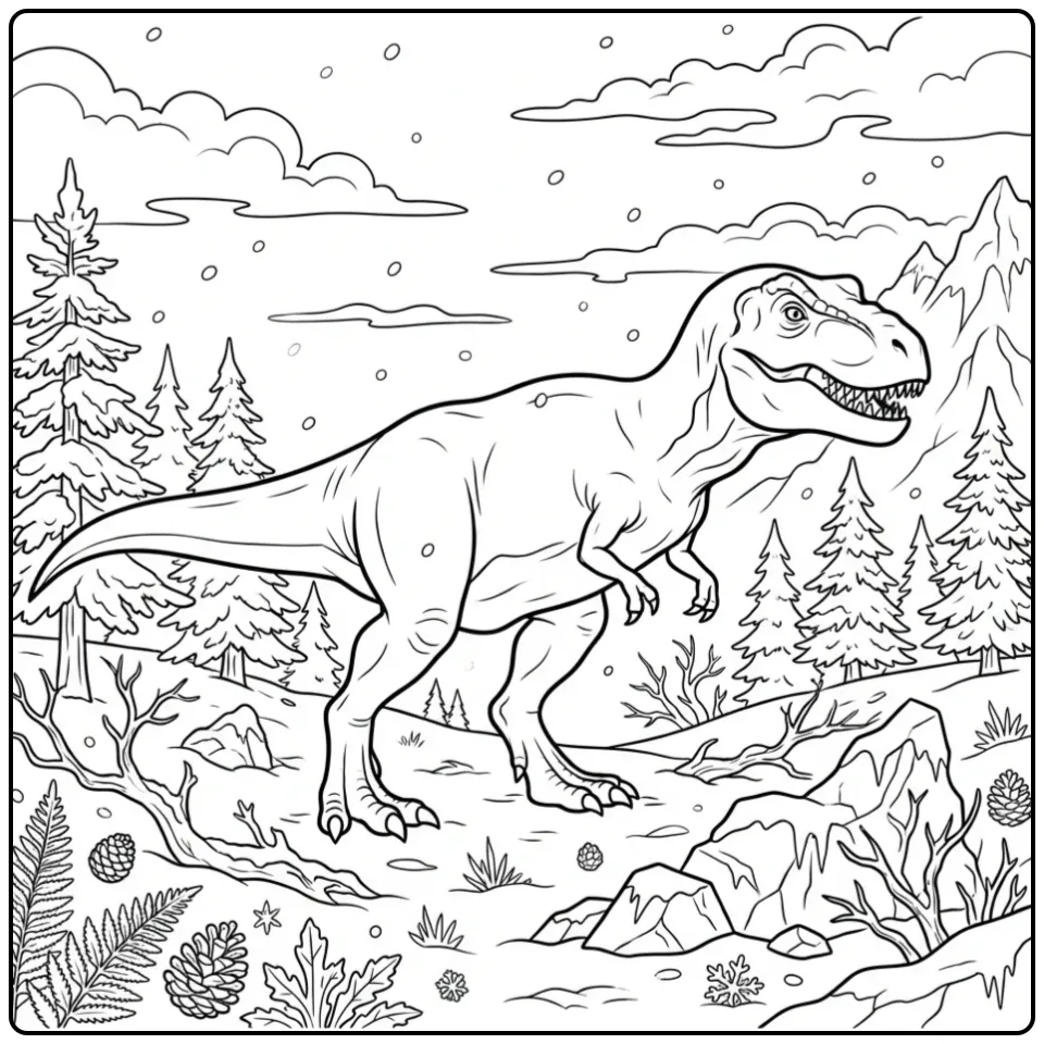 Winter T. Rex coloring page walking through snow