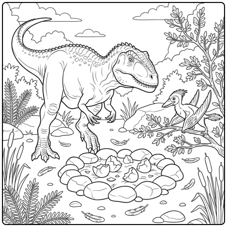 Realistic Giganotosaurus coloring page by a nest of eggs