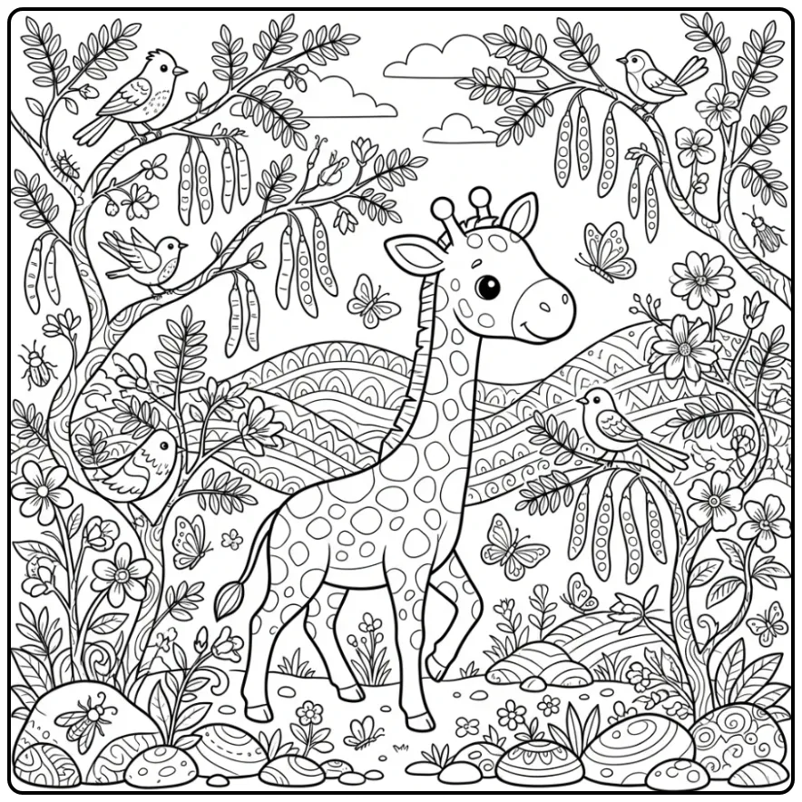 Printable Detailed Giraffe Among Trees and Butterflies coloring page