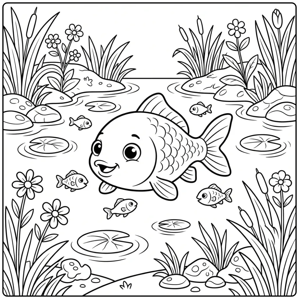 Printable Carp Nature and Small Fish coloring page
