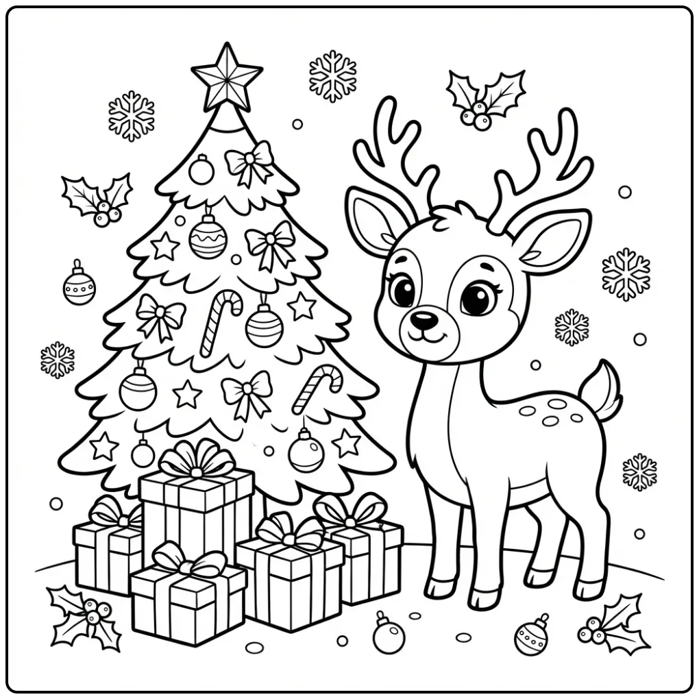 Printable Christmas Deer with Gifts and Tree coloring page
