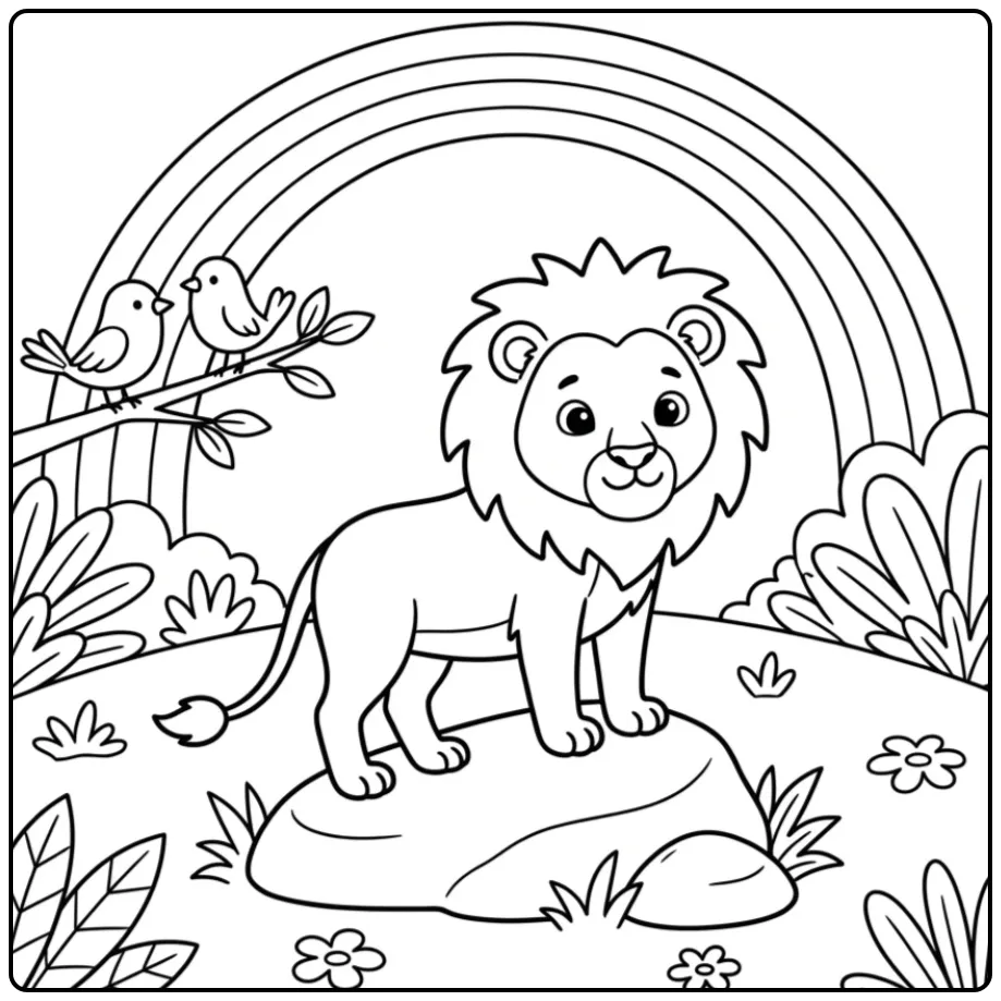 Easy lion coloring page with a rainbow and birds