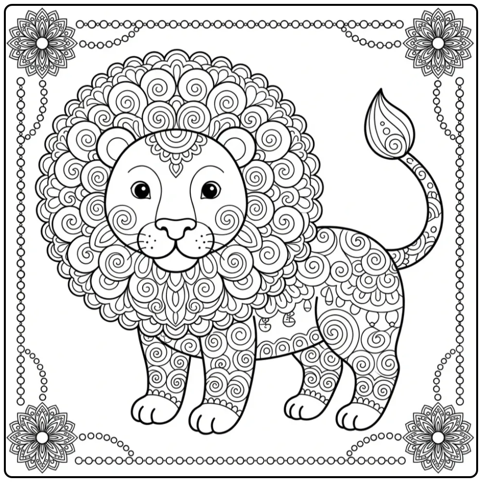 Cute mandala lion coloring page with a spiral mane