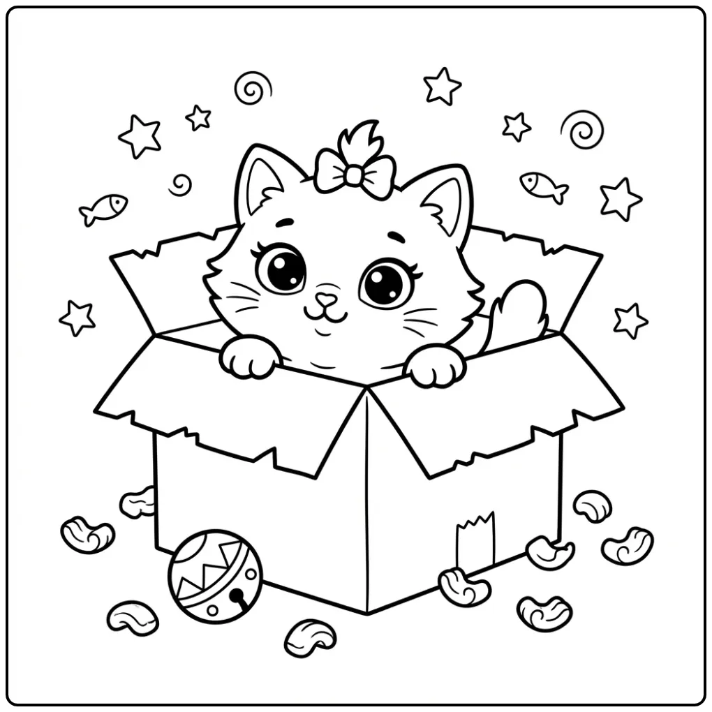 Cute Cat in a Cardboard Box coloring page