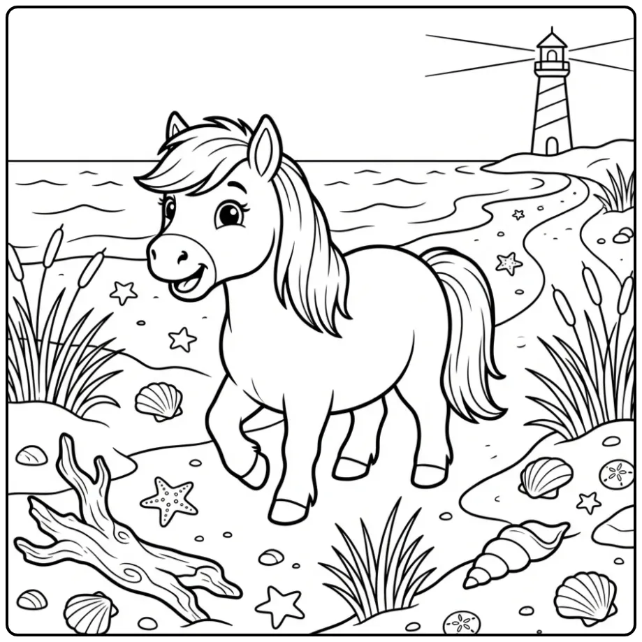 Printable Shetland Pony at Sea with Lighthouse coloring page