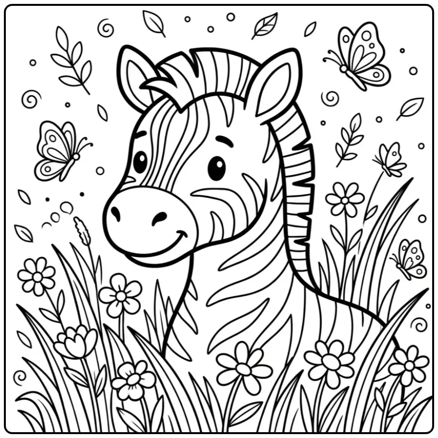 Printable Zebra with Flowers and Nature coloring page