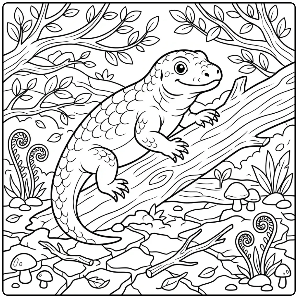 Komodo Dragon coloring page climbing over a log