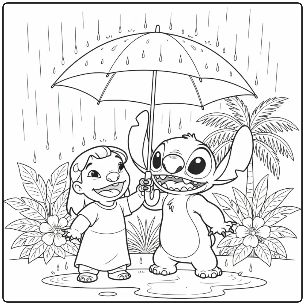 Printable Lilo and Stitch Under a Big Umbrella coloring page