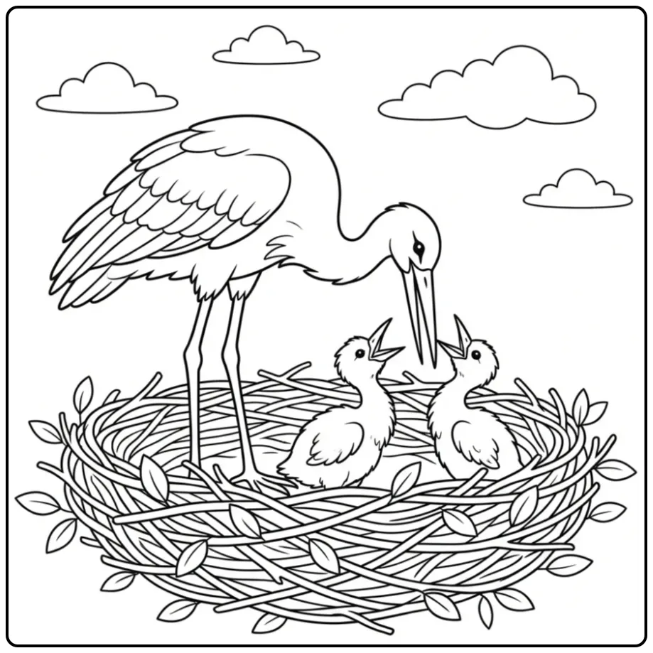 Printable Stork Family on the Nest coloring page