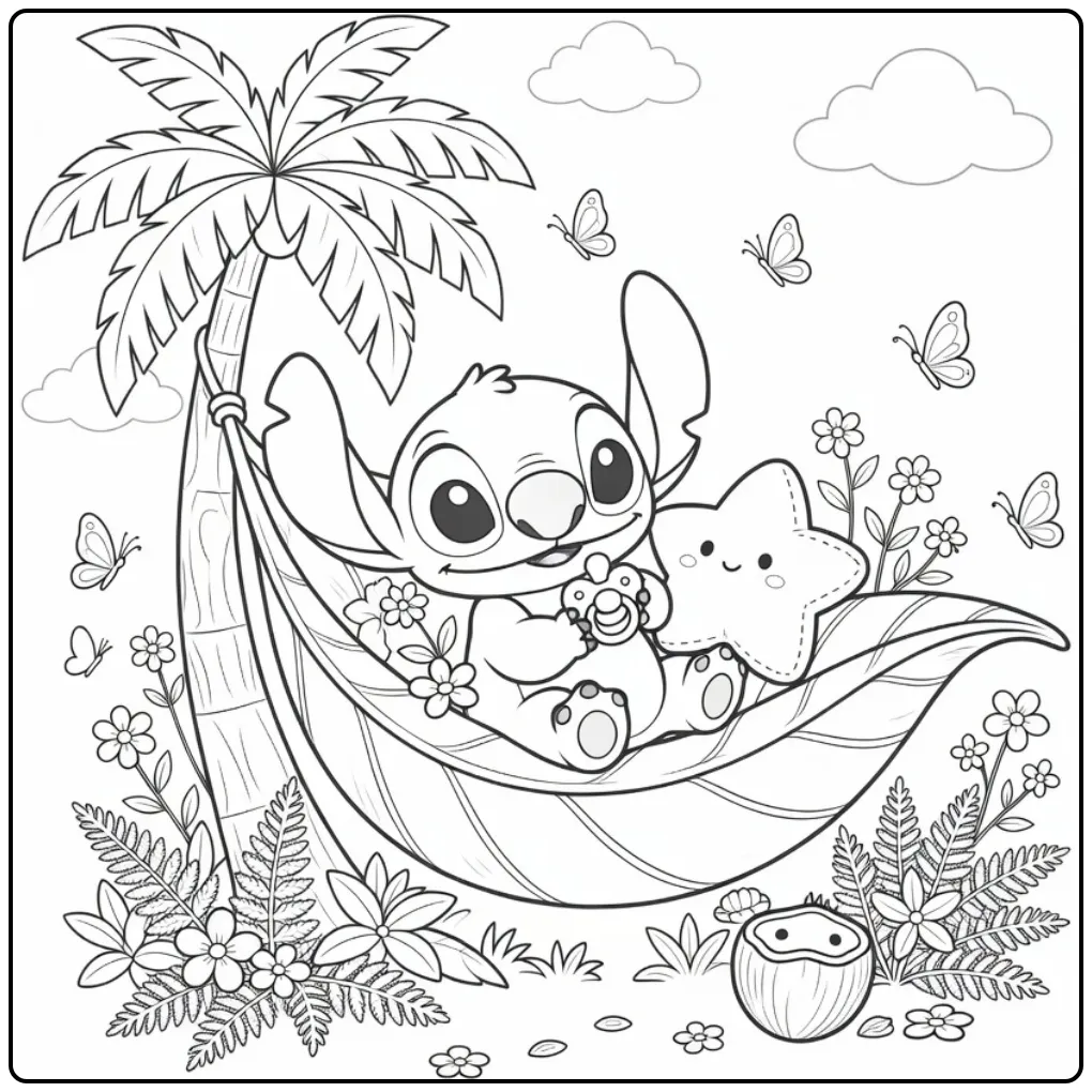 Printable Cute Baby Stitch Under Palm Tree coloring page