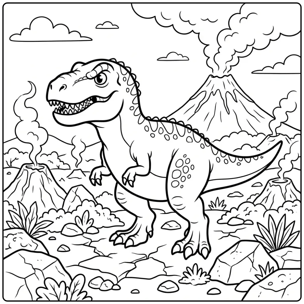 Cute T. Rex coloring page with a volcano and rocks