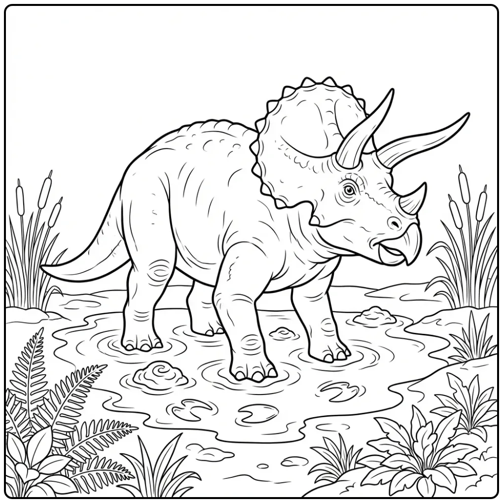 Realistic Triceratops coloring page in a muddy pool with reeds