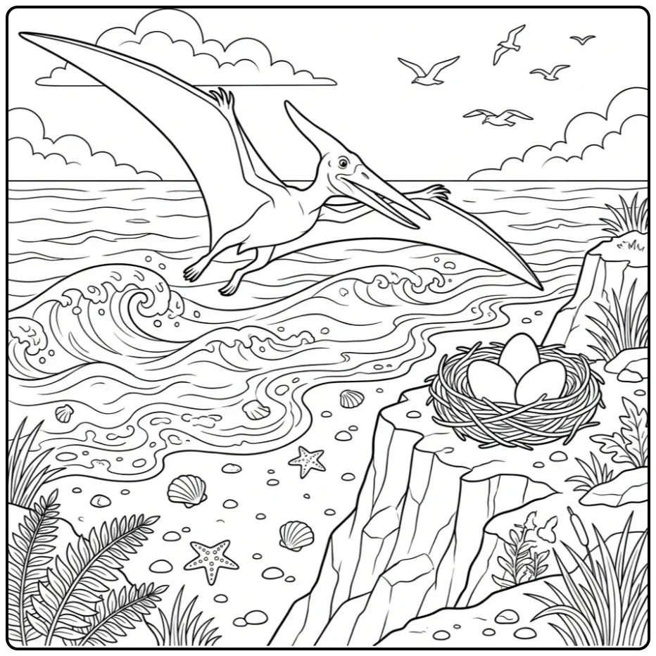Pteranodon Dinosaur Cliffs and Ocean Waves coloring page
