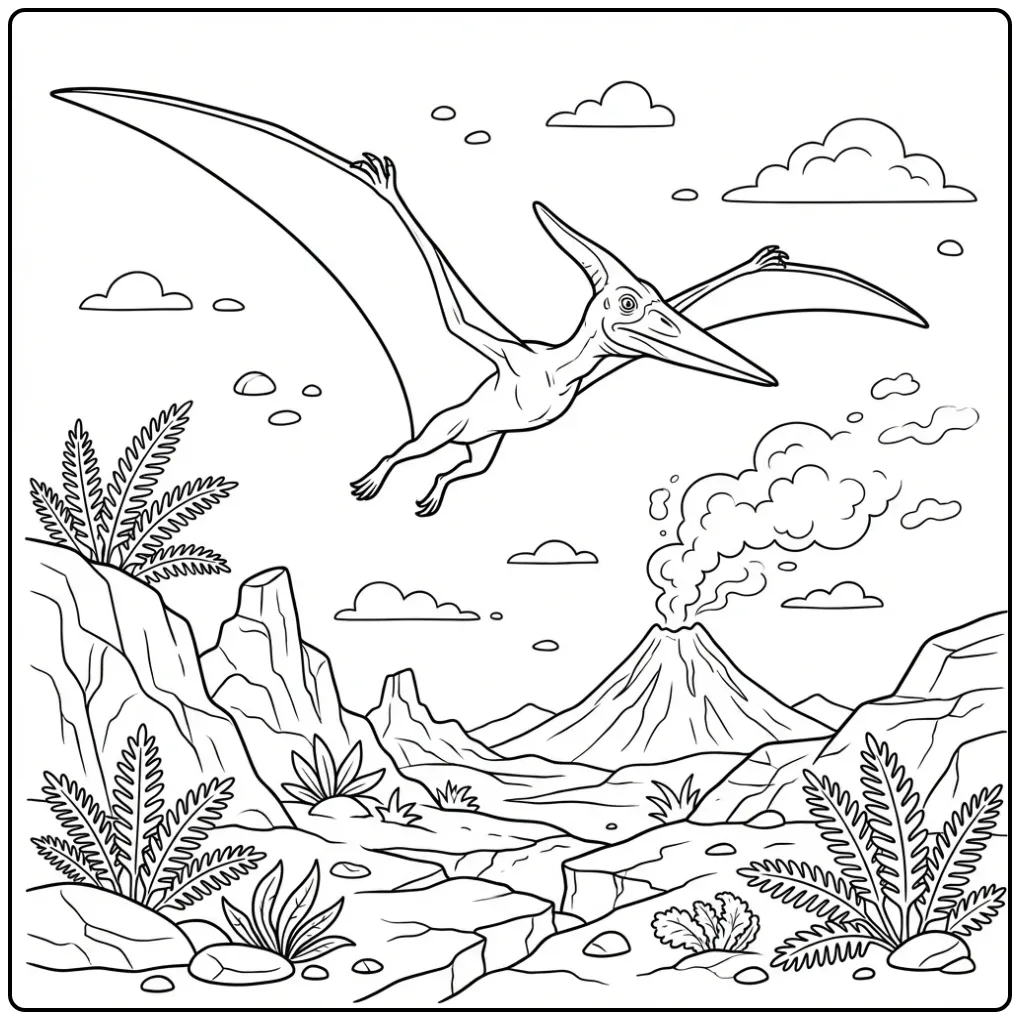 Pterodactylus Above a Volcanic Landscape coloring page