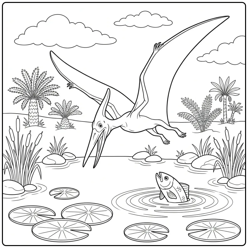 Pterodactylus Hunting Fish in a Prehistoric Era coloring page