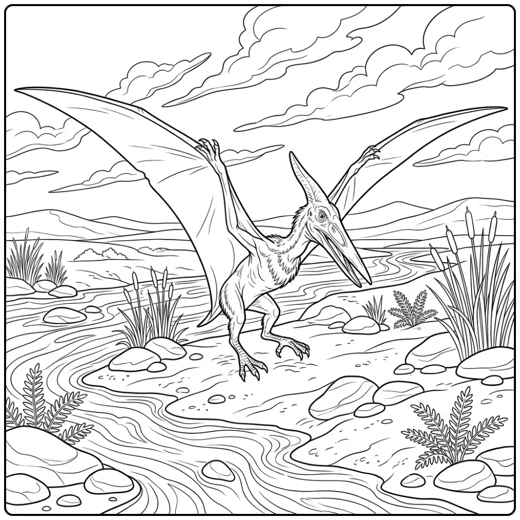 Pterodactylus Landing by the River coloring page