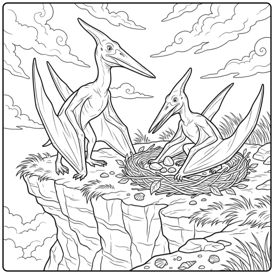 Pterodactylus coloring page with nesting dinosaurs on a rock