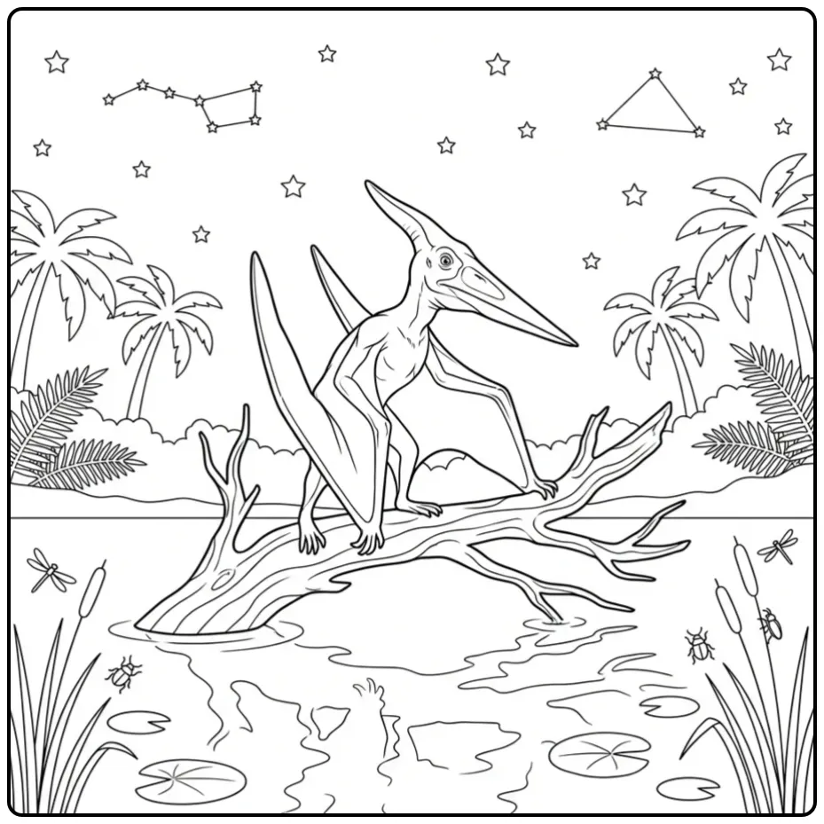 Pterodactylus on a Fallen Tree Trunk coloring page