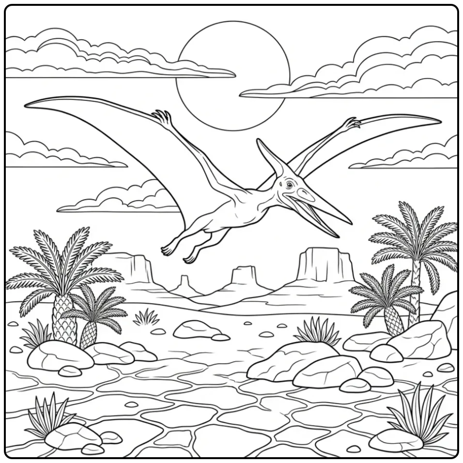 Pterodactylus Floating Above Prehistoric Plateau coloring page