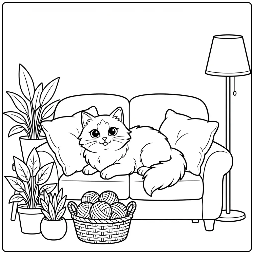 Ragdoll Cat Lounging on the Couch with Balls of Yarn coloring page