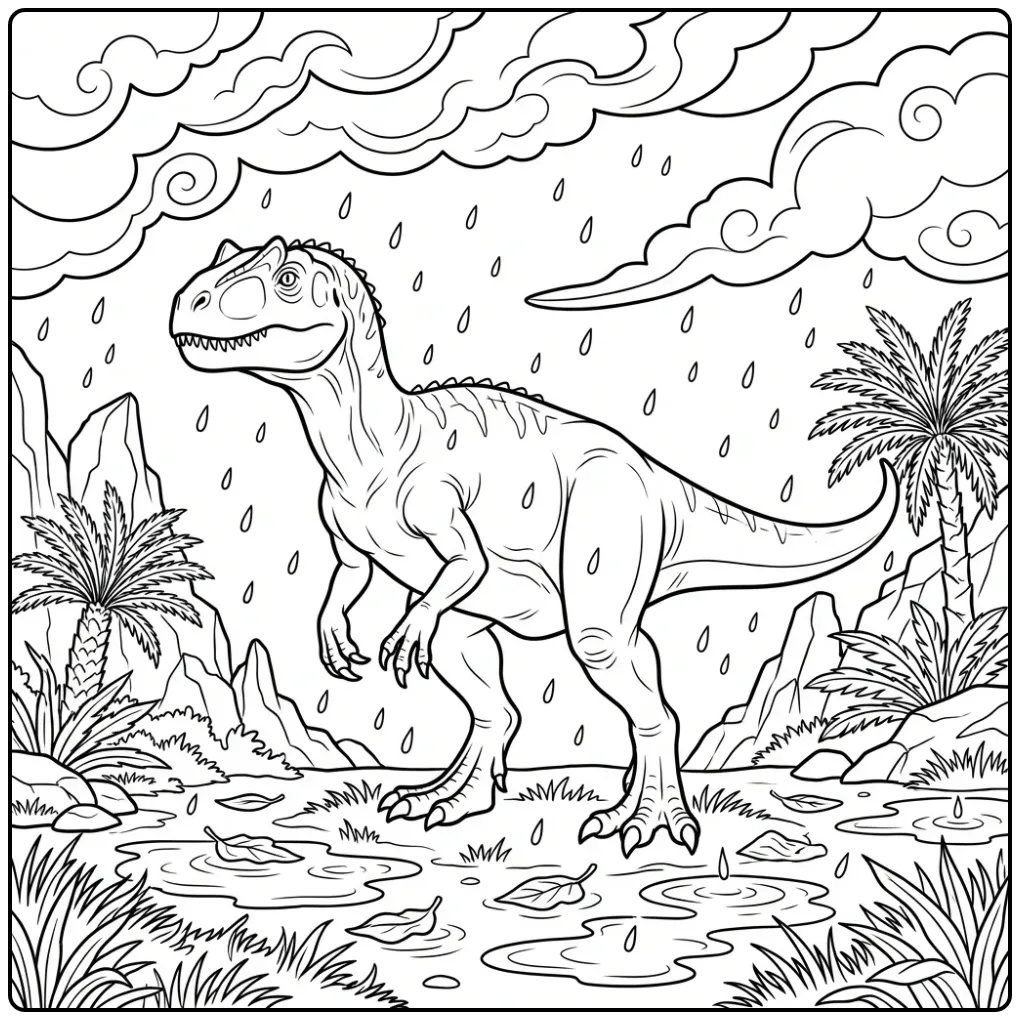 Detailed Allosaurus coloring page in falling rain