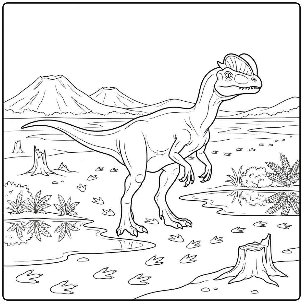 Realistic Dilophosaurus in Nature coloring page