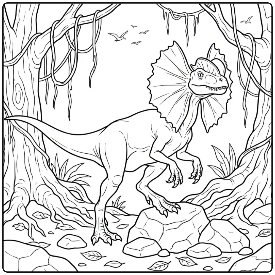 Realistic Dilophosaurus in Prehistoric Forest coloring page