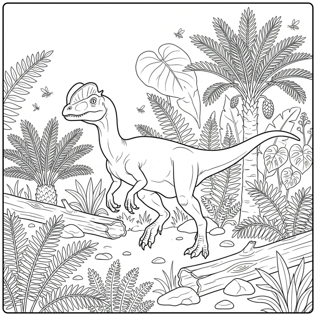 Realistic Dilophosaurus Among Ferns coloring page