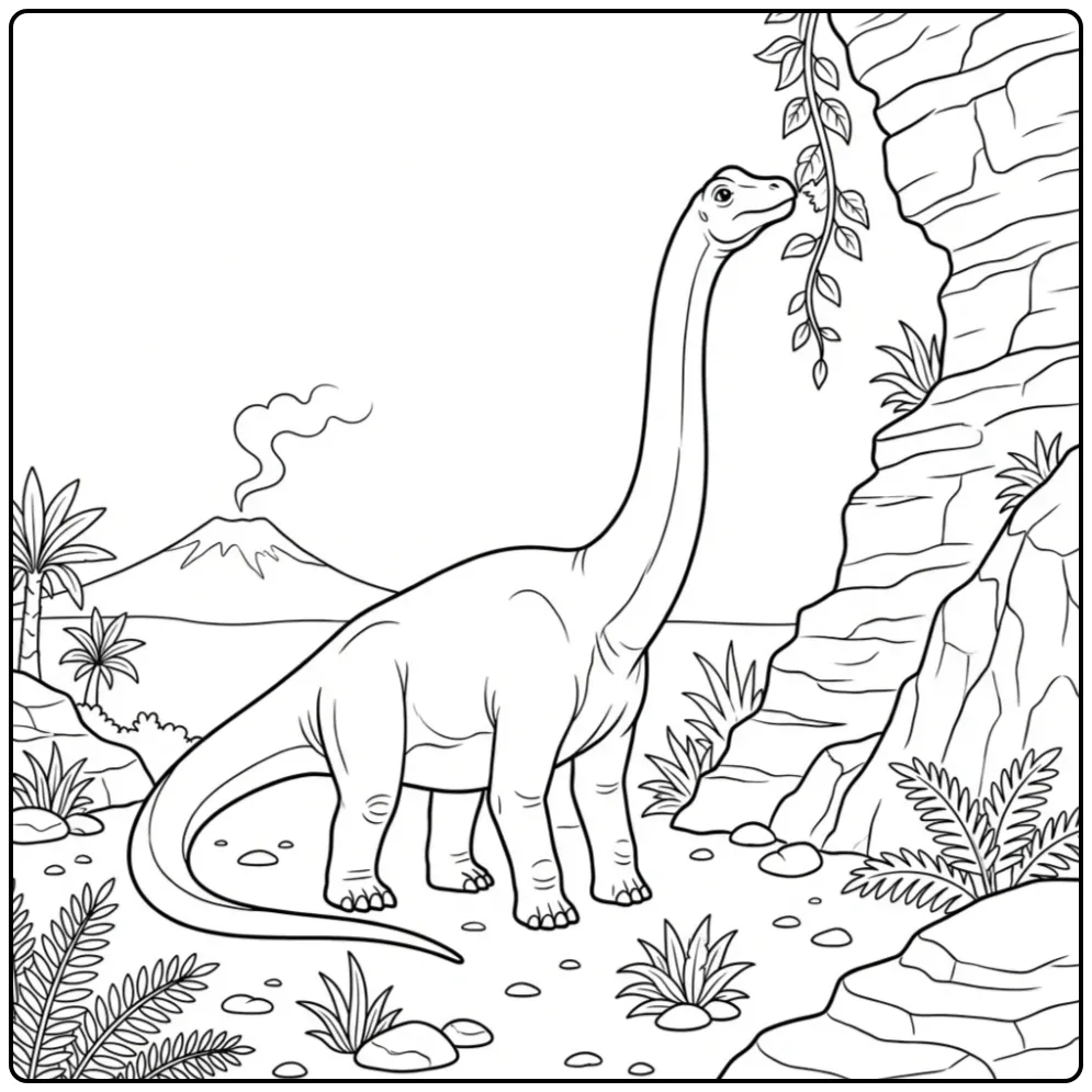 Diplodocus coloring page with rocks and a volcano