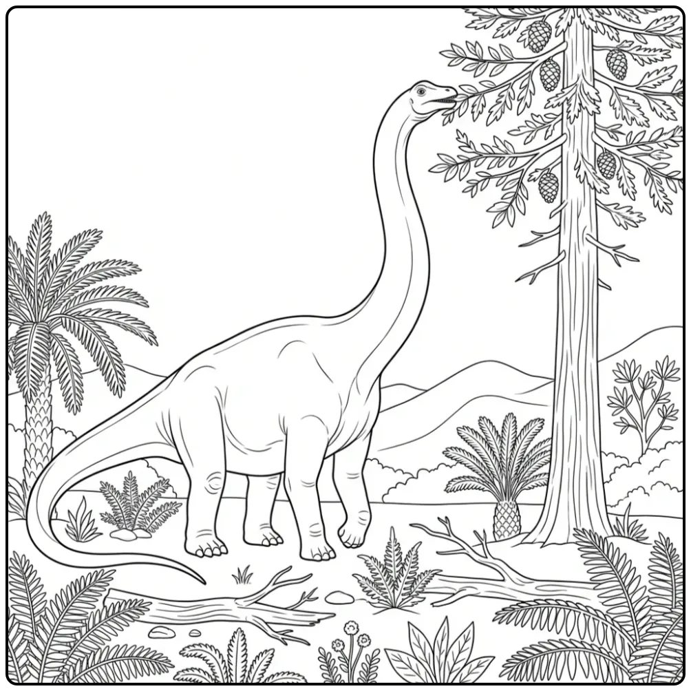 Diplodocus coloring page eating from tall trees and leaves