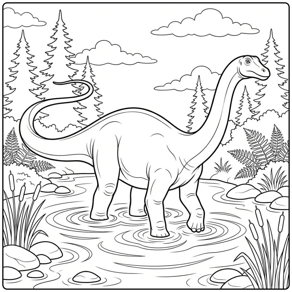 Detailed Diplodocus coloring page wading through water