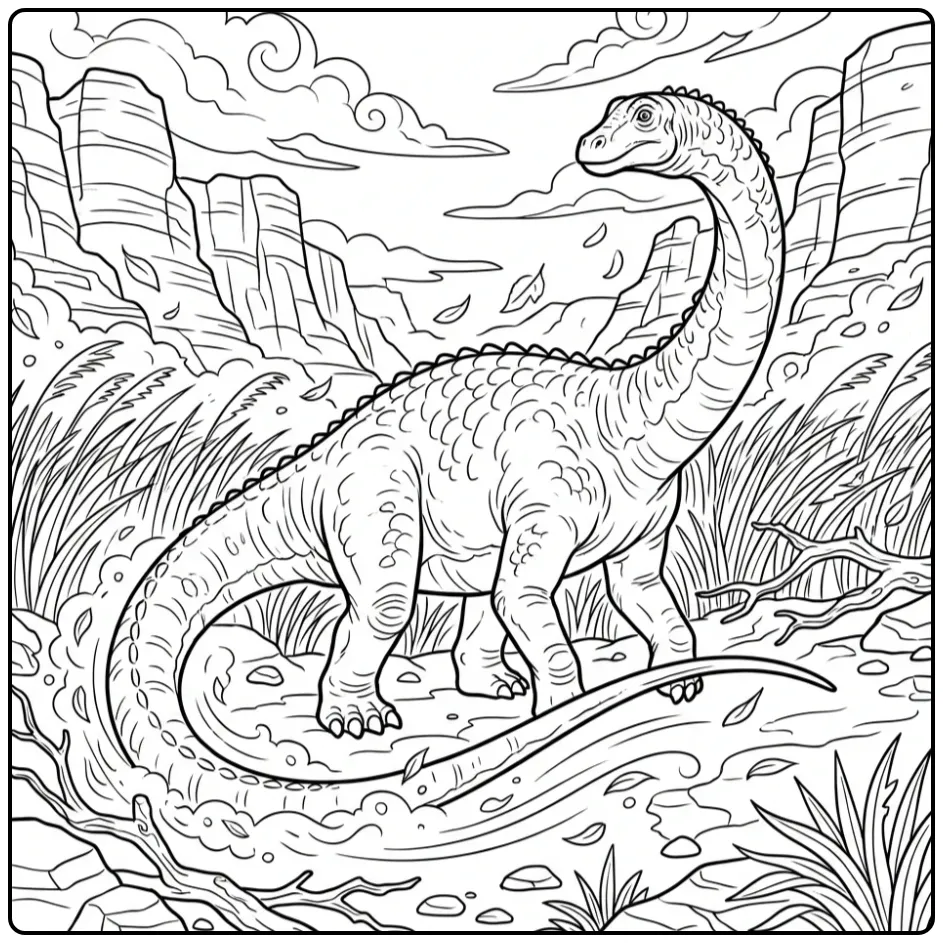 Diplodocus coloring page in a windy valley with leaves