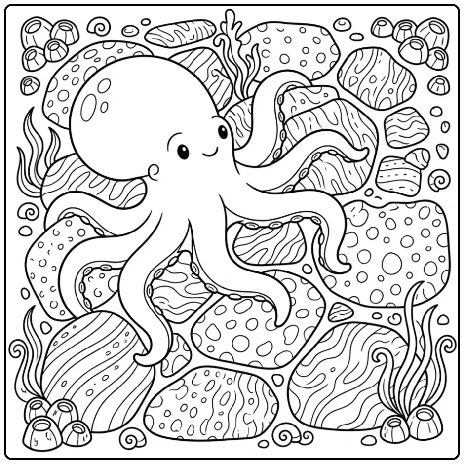 Detailed octopus coloring page among shells and seaweed