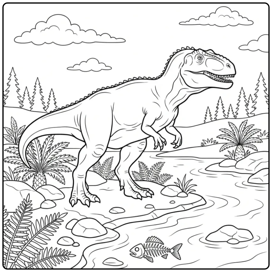 Giganotosaurus coloring page on a rocky riverbank