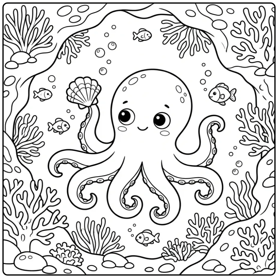 Octopus coloring page in a cave with a shell and fish