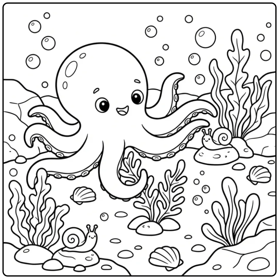 Octopus coloring page in a rocky tide pool