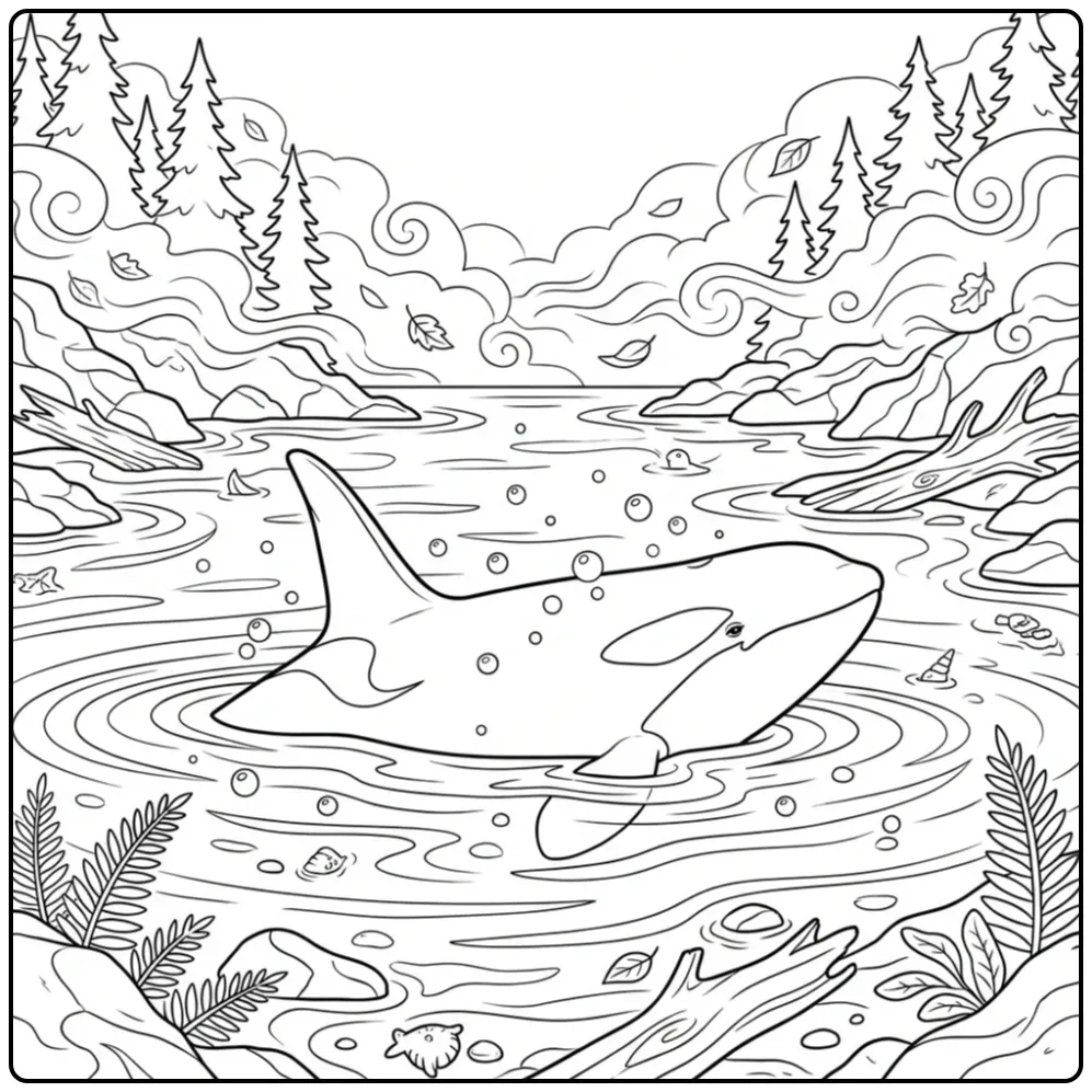 Realistic Orca in a Misty Bay coloring page
