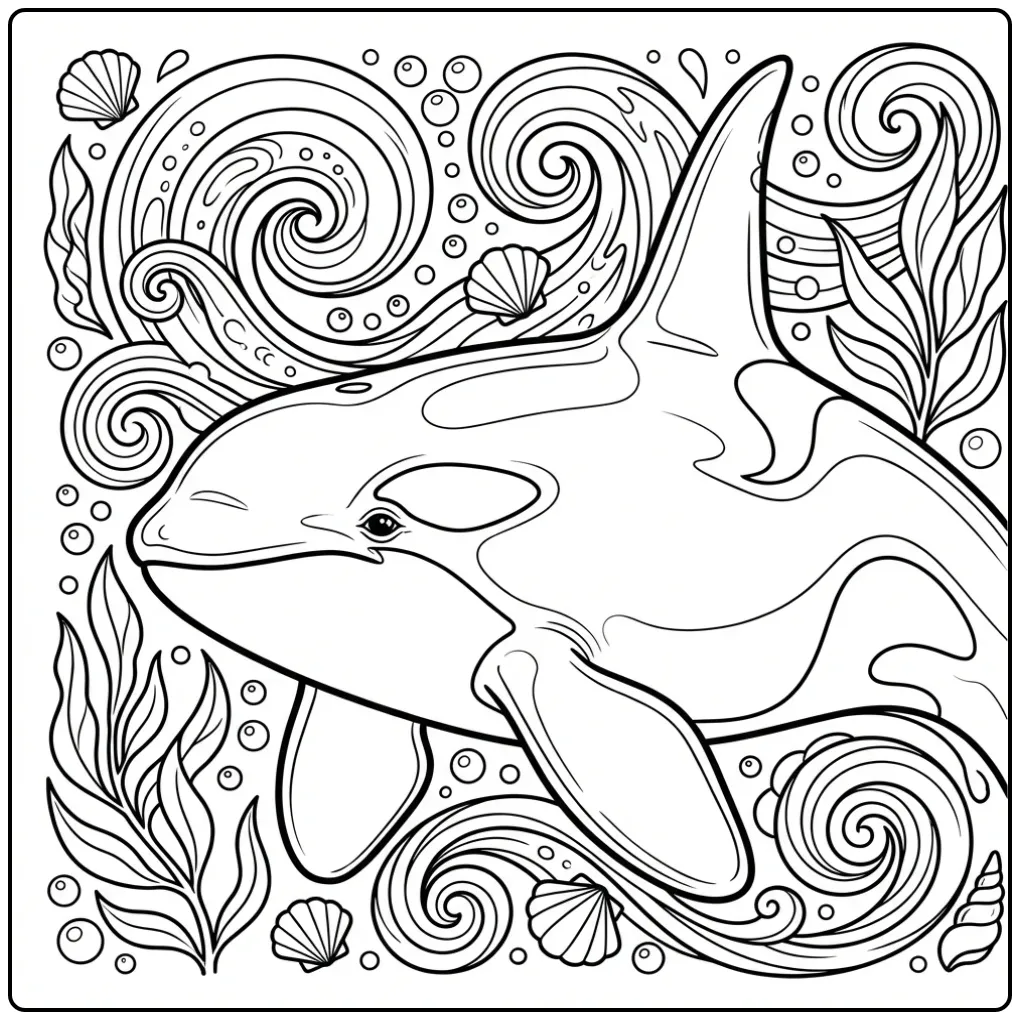 Realistic Orca Among Waves and Seaweed coloring page