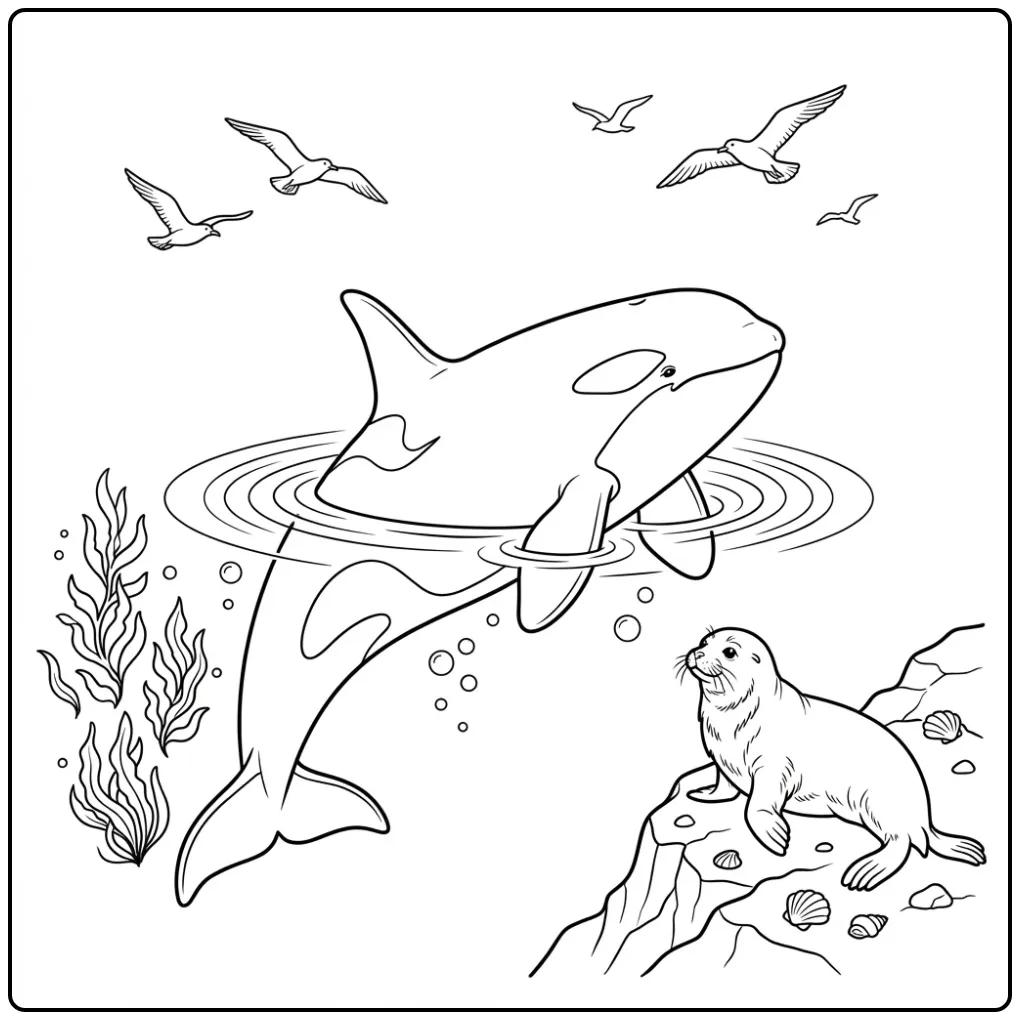 Realistic Orca Seal and Seaweed coloring page