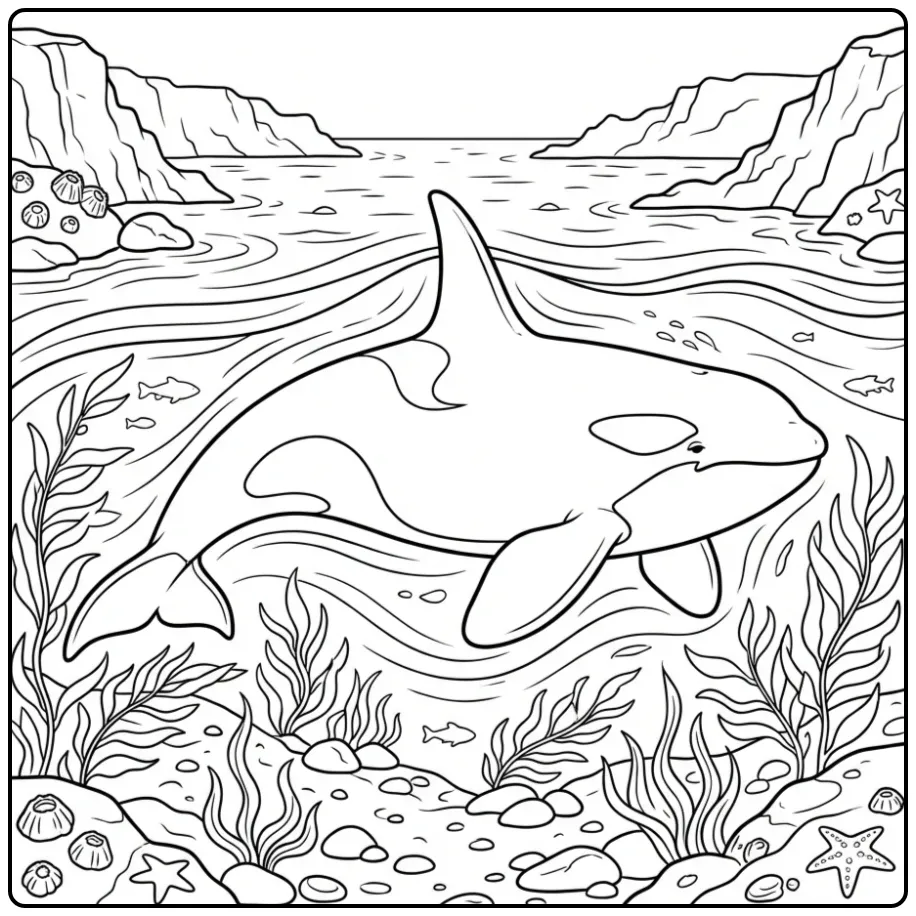 Realistic Orca Seaweed and Rocks coloring page